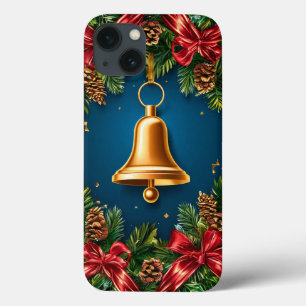 Sino de Natal Dourado Rodeado por Boas Vermelhas F