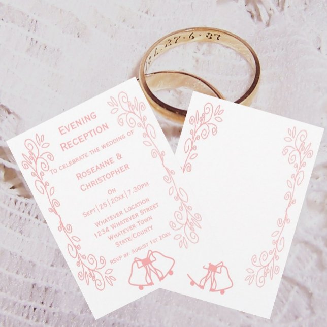 Sinos de Convite de Recepção de casamento Rosa (Pink wedding reception invitation bells and scrollwork design)
