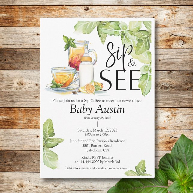 Sip e veja o convite para o bebê (Invite friends and family to Sip and See your newest addition with this elegant and warm invite.)