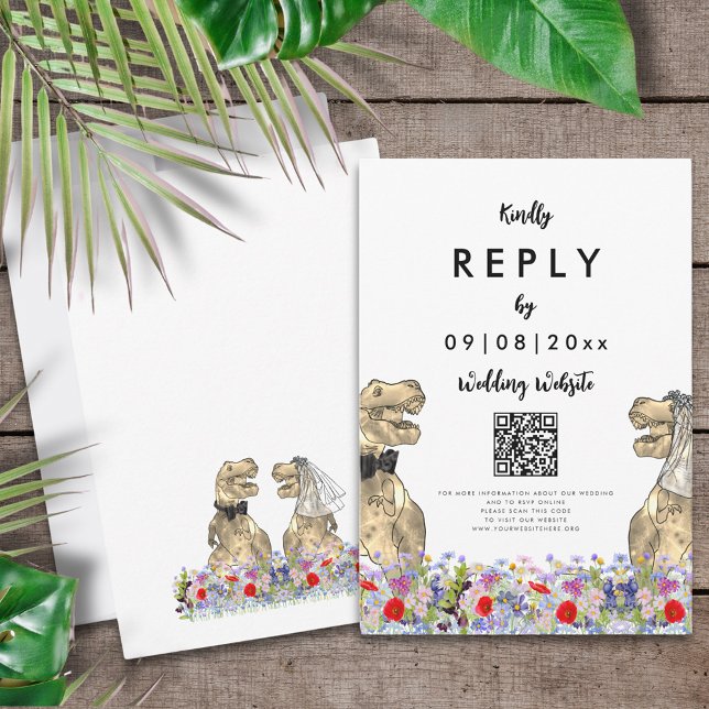 Site de Casamento Tema Dinossauro Resposta (T-Rex bride and groom and colorful wildflowers Dinosaur wedding reply enclosure card with QR code)