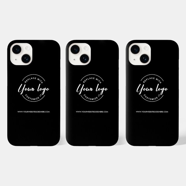 Site do logotipo branco para empresa personalizado (Customizable logo and website, branded black phone case.)