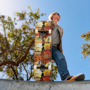 Skate A linda mulher africana Silhouette sobre os sóis a