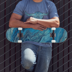Skate Abstração acrílica branca azul-ciano de mármore br
