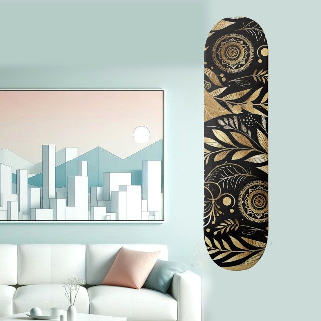 Skate Abstract Art Gold Foliage Black Minimal Boho Funky (Abstract Art Gold Foliage Black Minimal Boho Funky Skateboard)