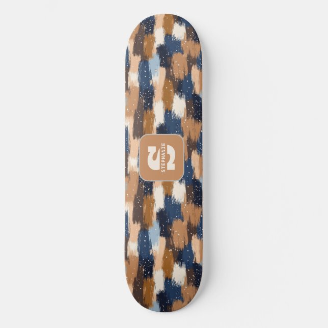 Skate Abstrato Brushstrokes em Azul, Branco e Marrom (2) (Frente)