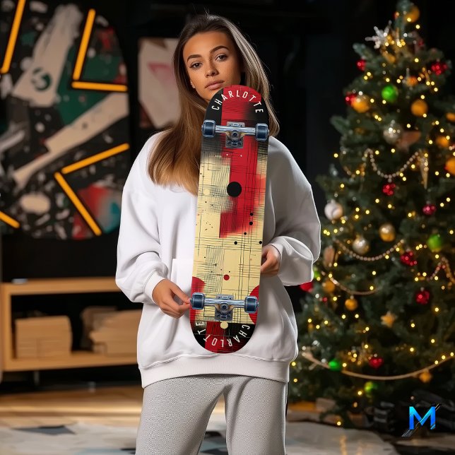 Skate Abstrato Geométrico em Branco Vermelho e Preto (Criador carregado)