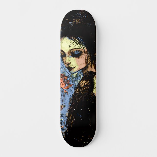 Skate Abstrato Urban Art Gothic Girl Raven Rosa vermelha (Frente)
