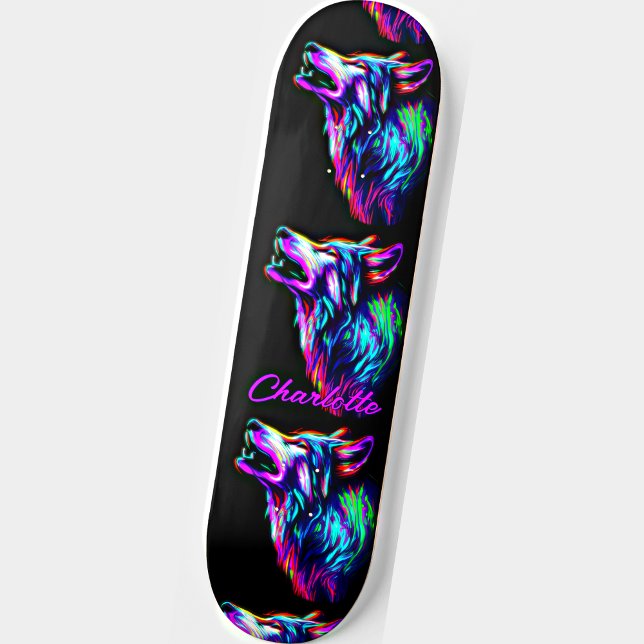 Skate Adicionar Nome, Lobo Neon Azul Rosa (Criador carregado)