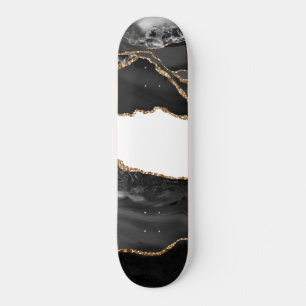 Skate Ágata Falsa Marbleada Preta Pedra Luxuosa Dourada 