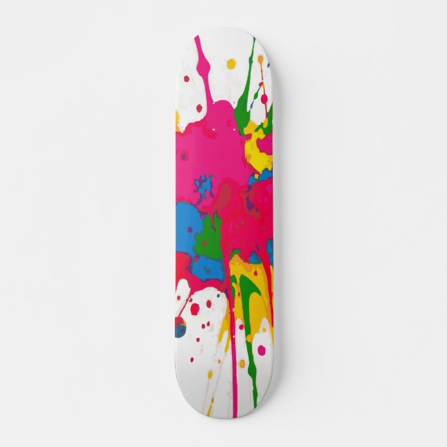 Skate Amarelo Rosa Verde e Salpicos de Tinta Azul Abstra (Frente)