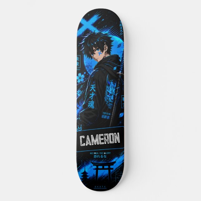 Skate Anime Personalizado Samurai Ciano Preto (Frente)