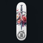 Skate *~* AP88 Fire Medieval Sword Flower Floral<br><div class="desc">(Pesquise no código AP88 para localizar itens semelhantes ) Transferência fácil para outros produtos Zazzle. Quadro branco de fundo. SWORD MEDIEVAL para lança-dragões com FLOWERS / elementos FLORAIS e com RING de FIRE / FLAMES / FLAME e Carta, MONOGRAMA INICIAL para o seu nome - Mantenha ou edite ou elimine...</div>