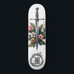Skate *~* AP88 Flor Floral Medieval Flor da Espada<br><div class="desc">(Pesquise no código AP88 para localizar itens semelhantes ) Transferência fácil para outros produtos Zazzle. Quadro branco de fundo. SWORD MEDIEVAL para jogadores de dragões com FLOWERS/elementos FLORAIS e com RING de FIRE / FLAMES / FLAME e Letter , MONOGRAMA INICIAL para o seu nome - Mantenha ou edite ou...</div>