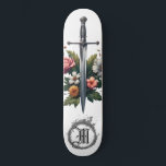 Skate *~* AP88 Flor Floral Medieval Flor da Espada<br><div class="desc">(Pesquise no código AP88 para localizar itens semelhantes ) Transferência fácil para outros produtos Zazzle. Quadro branco de fundo. SWORD MEDIEVAL para jogadores de dragões com FLOWERS/elementos FLORAIS e com RING de FIRE / FLAMES / FLAME e Letter , MONOGRAMA INICIAL para o seu nome - Mantenha ou edite ou...</div>