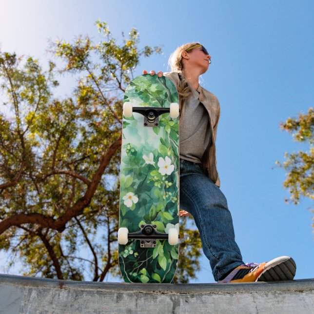 Skate Aquarela Botânica Flores Brancas Folhas Verdes (Ao ar livre 1)