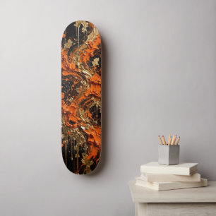 Skate Arte Abstrata Fogo Dourado Preto Laranja