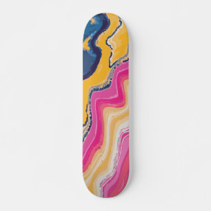 Skate Arte Abstrata Onda de Tinta Azul Rosa e Amarela