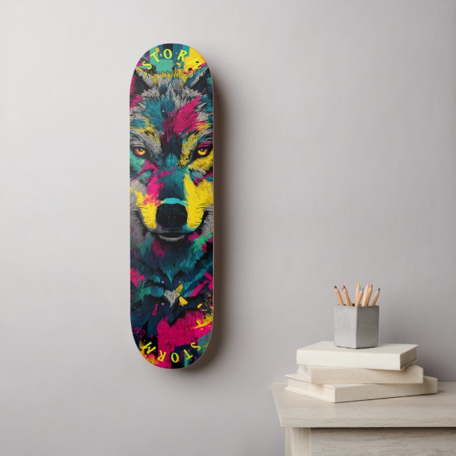 Skate Arte de Grafite Neon com Rosto de Lobo – Edição Li (Arte de parede)