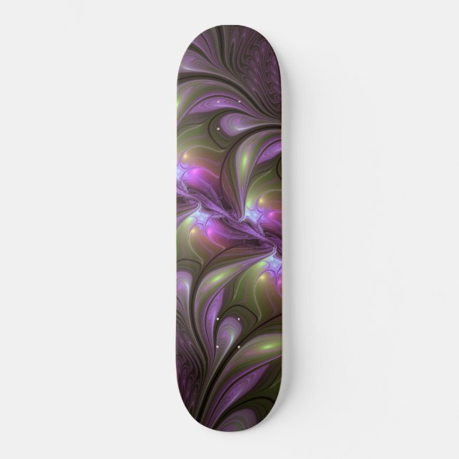 Skate Arte Fractal de Khaki, Abstrato violeta e colorida (Frente)