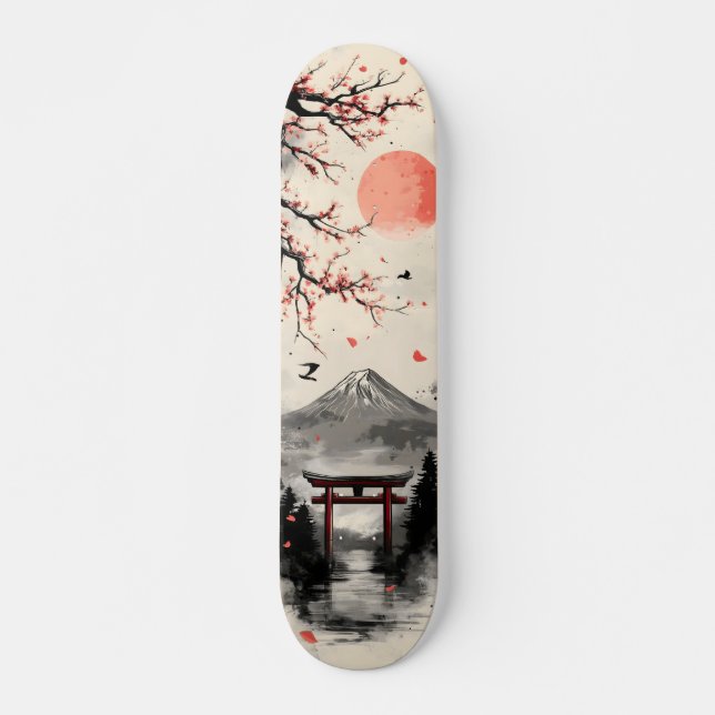 Skate Arte Japonesa com Sumi-e do Monte Fuji (Frente)