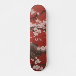 Skate Arte Japonesa Flor de Cerejeira Branca Vermelha