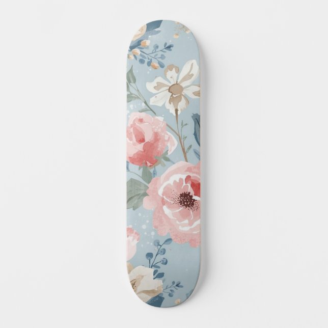 Skate Azul Empoeirado Flores Aguarela Jardim Flores Rosa (Frente)
