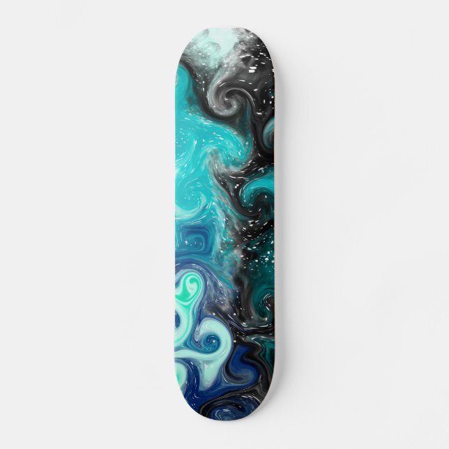 Skate Azul, Teal, Arte Fluida Negra (Frente)