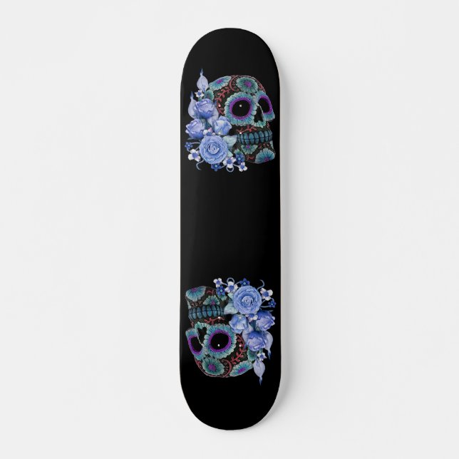 Skate Blue Floral Black Sugar Skull Day Of The Dead (Frente)