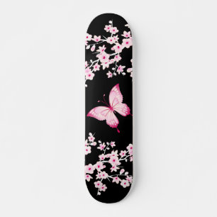 Skate Borboleta Preta Rosa E Flores De Cereja