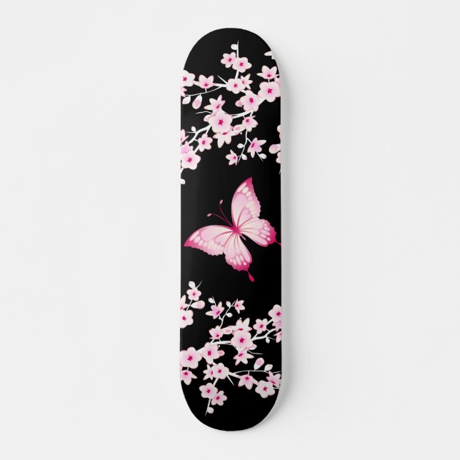 Skate Borboleta Preta Rosa E Flores De Cereja (Frente)