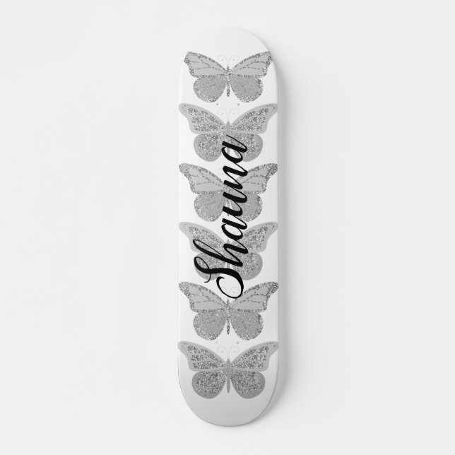 Skate Borboletas Prata Cinza Brilho Personalizado (Frente)