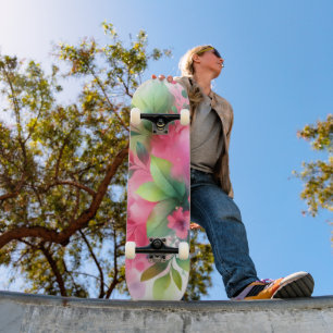 Skate Botânico Florido de Aquarela Rosa Verde