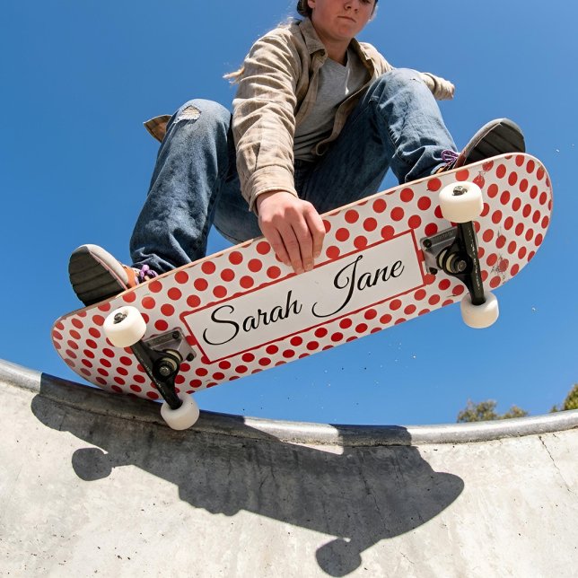 Skate Branco clássico Pontos vermelhos | Nome personaliz (Criador carregado)