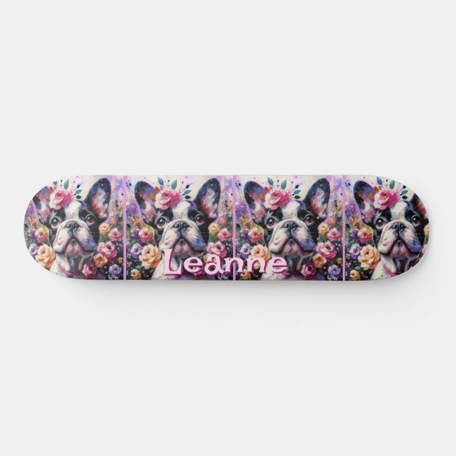 Skate Bulldog Francês com Rosas Floral Personalizado (Horz)