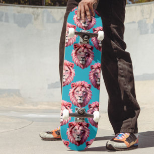 Skate Cabeça de Leão Rosa Animal Desenho em Azul