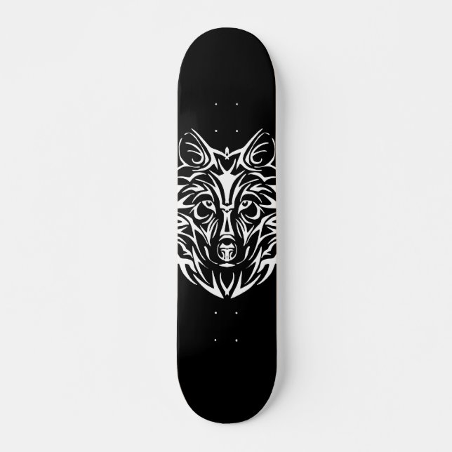 Skate Cabeça de Lobo Branco em Preto (Frente)