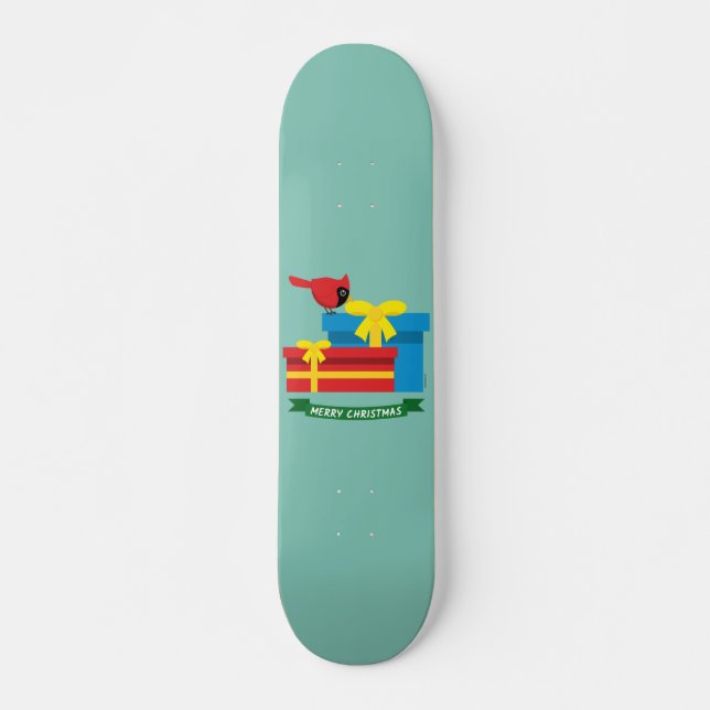 Skate Cardinal Vermelho Fofo Abrindo um Presente Azul (Frente)
