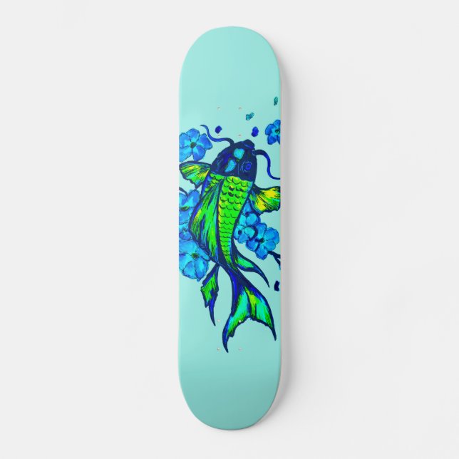 Skate Carpa Koi Verde Flores Azuis (Frente)