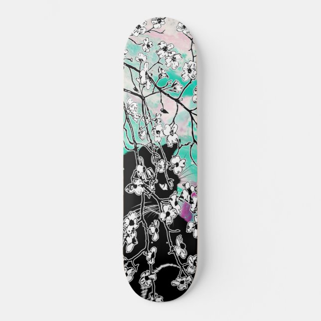 Skate Cerejeira Blossom Preto Gato Floral Verde Céu Rosa (Frente)