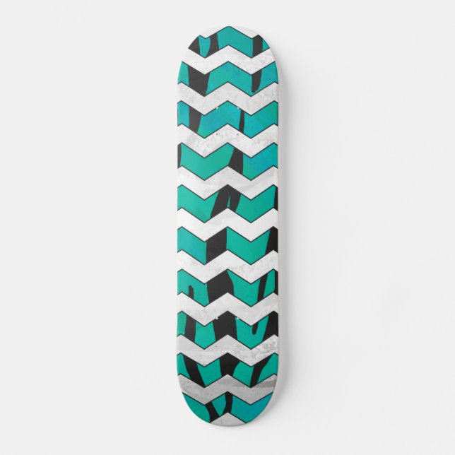 Skate Chevron Tiger Black and Teal Impressão (Frente)