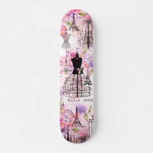 Skate Colagem Eiffel Tower estilo Vintage Flor cor-de-ro