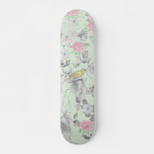 Skate Colagem Floral do Pássaro Branco-Rosa Vintage