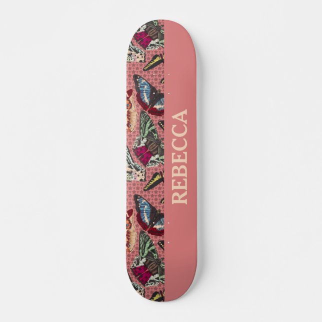 Skate Cor-de-rosa poeirento com ilustrações da borboleta (Frente)