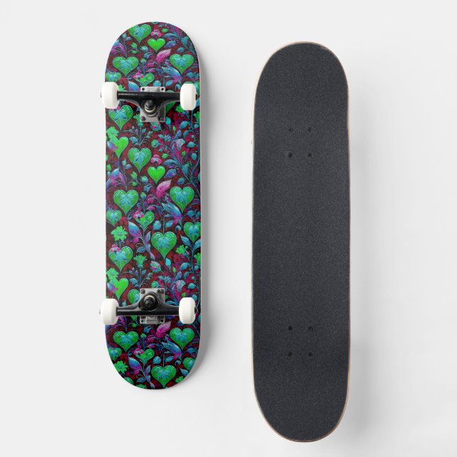 Skate Coração Verde Neon e Floral Roxo (Frente)