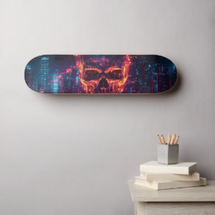 Skate Crânio ciberpunk futurista com paisagem urbana