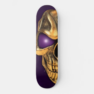 Skate Crânio Dourado com olhos roxos brilhantes