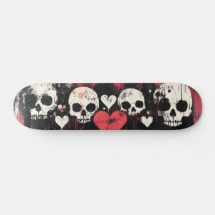 Skate Crânio e corações- Arte Negra e Vermelha Negra