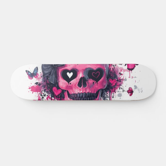 Skate Crânio rosa com borboletas e corações (Horz)