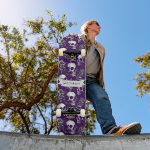 Skate Crânios E Rosas Nome Gótico Roxo