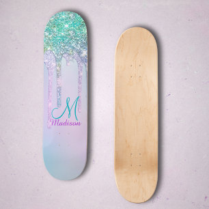 Skate Cute Unicórnio Turquesa Chuvisco de Brilho Arco-ír